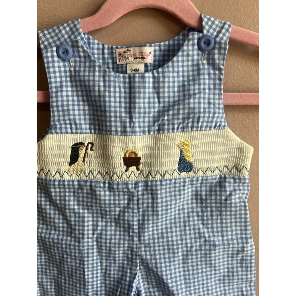 Smocked Nativity Scene Blue Gingham Long-all Jonjon Baby Toddler Size 0-6 Months